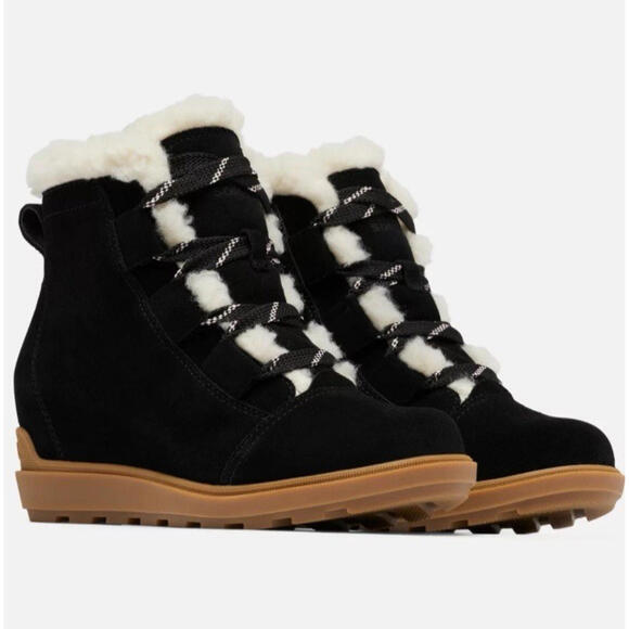 Sorel Women's Size 8.5 Evie II Cozy Black Suede Ankle Boots 2” Hidden Wedge Heel - Picture 1 of 7